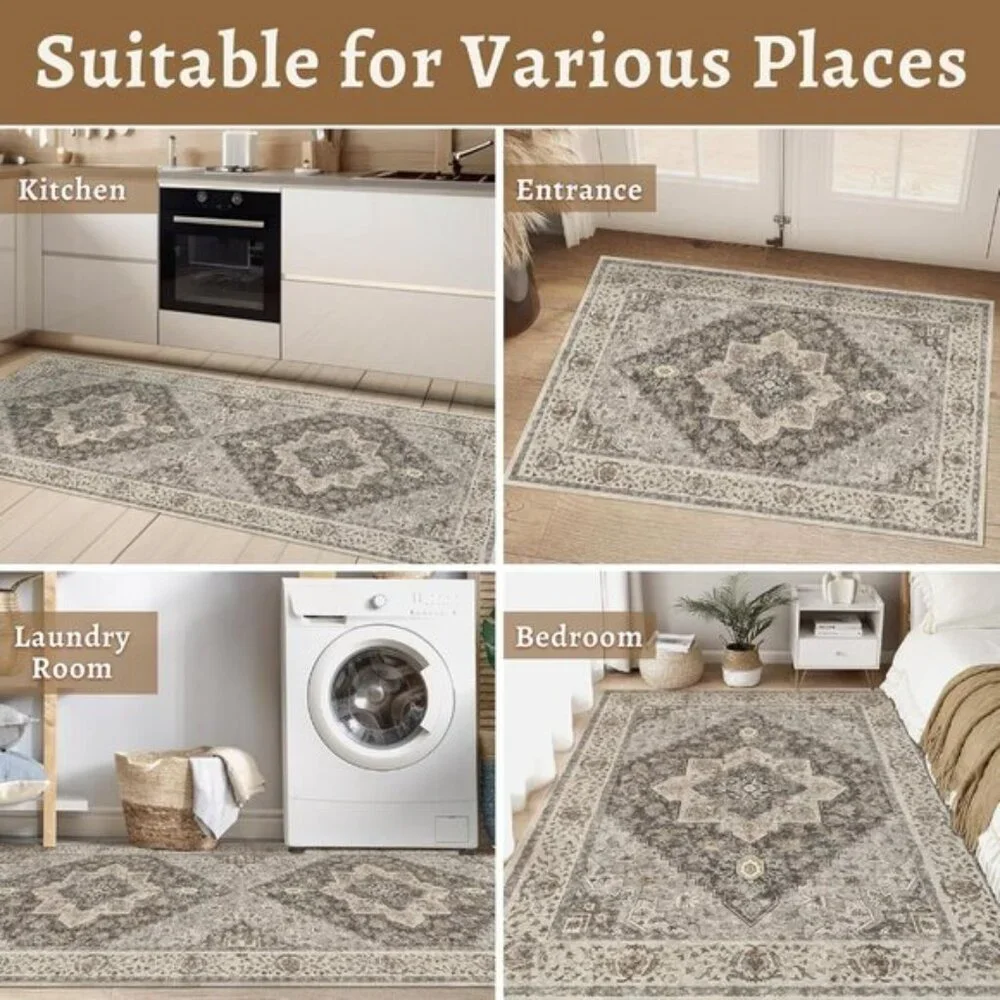 New 4x6 Washable Vintage Rug, Soft Distressed Brown/Grey Non-Slip Carpet